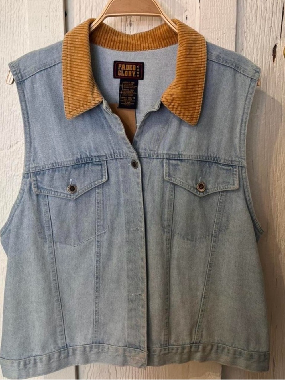 Vintage Faded Glory Light Blue Denim Shirt with Mustard Corduroy Trim